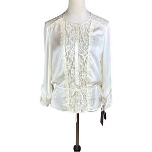 Hale Bob NWT Cream White Charmeuse Lacy Sheer Long Sleeve Button Up Blouse